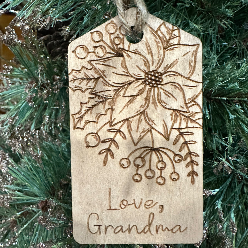 set of 2 Poinsettia Engraved Gift Tag Ornament  / car charm